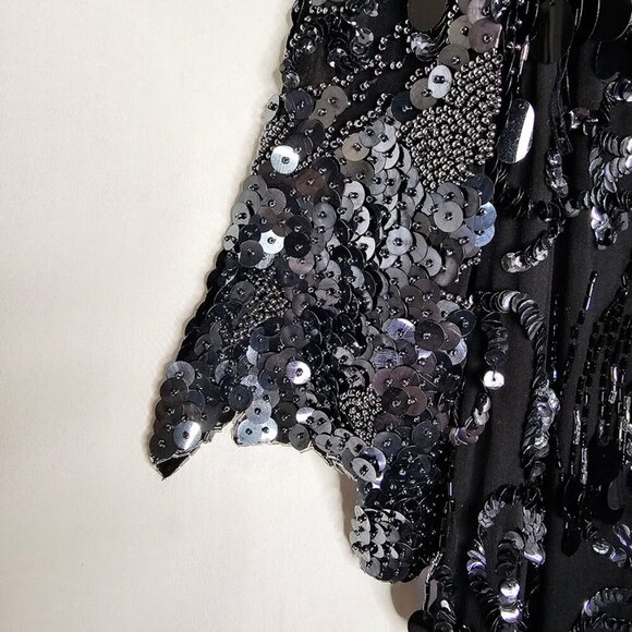 VTG OLEG CASSINI Beaded Silk Long Dress BLACK size 10 Maxi Flapper Great Gatsby - Picture 4 of 13